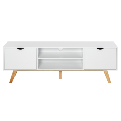 HOMCOM Armario para TV Soporte de Televisor Espacioso con 2 Armarios Estantes Abiertos Manija Oculta Patas de Madera 150x39x50 cm Blanco