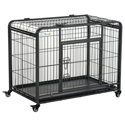 PawHut Jaula de Metal para Perros Plegable con Ruedas y Frenos Bandeja Extraíble y Puerta con Pestillos para Golden Retriver Labrador 109,5x71x78 cm Gris Oscuro