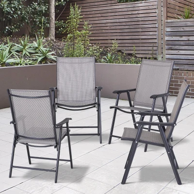 Set 4 scaune de exterior din otel, Pliabile, Gri/Negru
