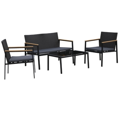 Outsunny Set 4 Piese Lounge de Exterior cu 2 Scaune din Ratan PE si Otel Negru