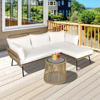 Set 3 Piese Canapea 2 Locuri 125x77x82cm, Bej si Cafeniu
