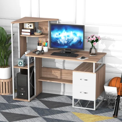 Masa pentru PC, Birou cu Raft 133x55x123cm alb si lemn