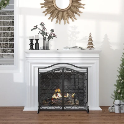 Paravan pentru Semineu din Metal Negru cu 2 Usi 88x30x89cm