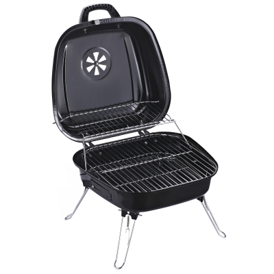 Outsunny Mini Gratar de Excursie cu capac si Picioare pliante, Negru