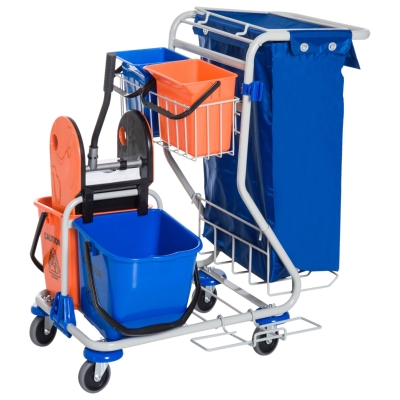 Homcom Carucior de Curatare Profesional cu 4 Galeti 18L / 6L Albastru si Portocaliu