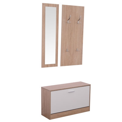 Homcom Set 3 Piese Dulap Pantofi cu Cuier si Oglinda pentru Hol in Lemn, 80x27x46.5cm