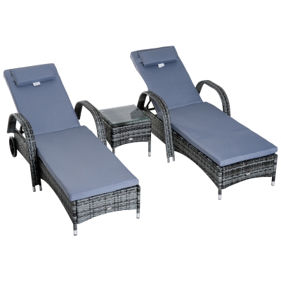Outsunny Set 2 Sezlonguri si 1 Masuta de Gradina in Poli ratan Gri cu Saltea Captusita si Roti