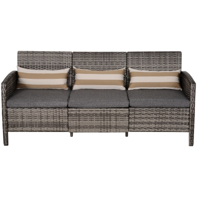 Outsunny Canapea pentru Exterior Gradina sau Terasa cu 3 locuri dim Ratan cu perne si dungi, Gri 173x68x78cm