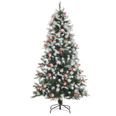 HOMCOM Brad de Craciun cu zapada cu fructe si conuri de brad, baza detasabila Φ90x180cm