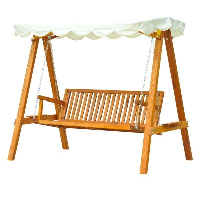 Outsunny Dondolo da Giardino a 3 Posti in Legno di Pino con Tettuccio Parasole, Bianco