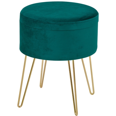 Homcom Scaun Rotund cu Compartiment de Depozitare din Catifea Verde si Auriu 36x36x45cm