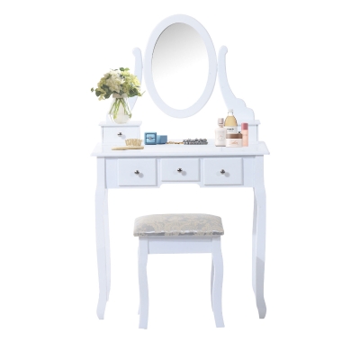 HomCom Tavolo da Trucco Mobile da Toletta Specchiera con Sgabello Specchio Girevole in Legno Bianco