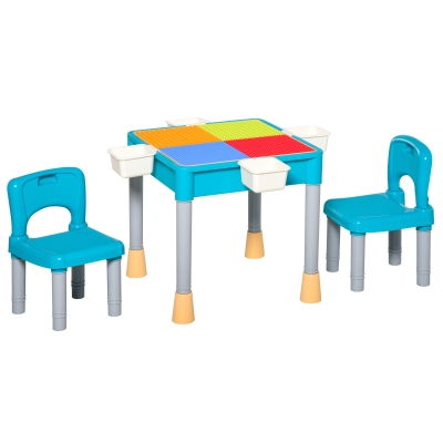 HOMCOM Set Masa Compartiment de depozitare cu 2 Scaune si 4 Cutiute de jucarii pentru Copii