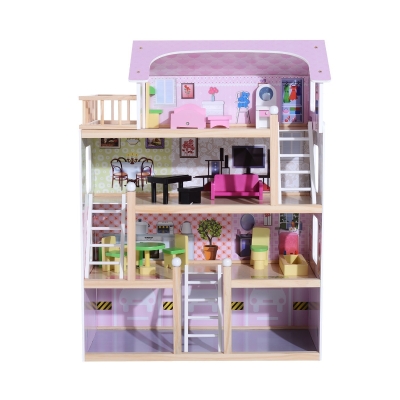 HomCom Casa Păpuși cu 4 Etaje din Lemn cu Accesorii, Roz, 60x30x80cm