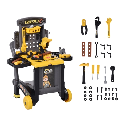 HOMCOM 3 IN 1 Unelte de lucru cu 60 instrumente pentru copii Carucior pentru bagaje 3-6 ani