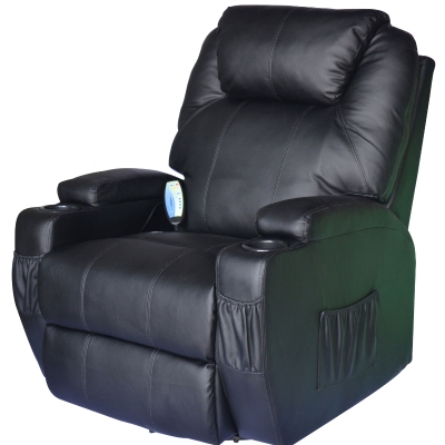 Homcom Fotoliu Recliner cu Masaj in piele artificiala, Culoare Negru 84x92x109cm