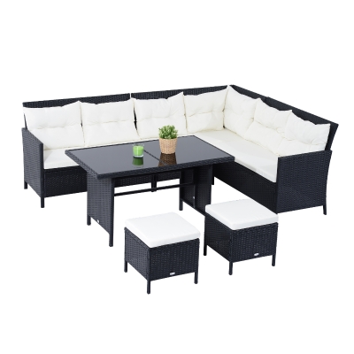 Outsunny Set Mobila din Ratan PE pentru Exterior Gradina 6 Piese, Canapea cu Perne si Masuta, Negru