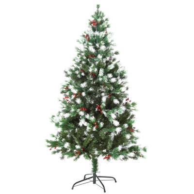 HOMCOM Brad de Craciun Pin artificial Varfuri Ramuri in alb 554 Ramuri Fructe Rosii