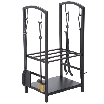 Outsunny Caseta pentru Lemne cu Set Unelte pentru Semineu in Otel Negru 40 x 30 x 74.5 cm