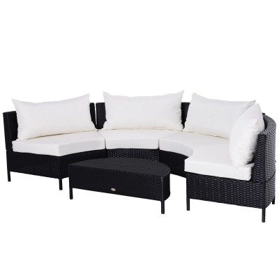 Outsunny Canapea de Extern in PE Rattan Negru cu Perna Alb , Set 5 Bucati cu Masuta