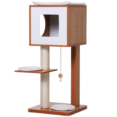 PawHut Ansamblu pentru Pisici cu 2 Stalpi din Lemn si Sisal si Perne pe 3 Nieluri 50 x 40 x91cm