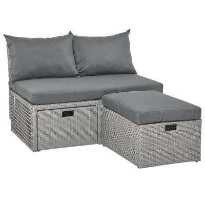 Outsunny Set Mobilier de Gradina cu Canapea cu 2 locuri, Unitate de depozitare si Puf din ratan PE
