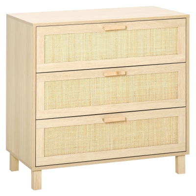 HOMCOM Casetiera cu 3 din lemn si ratan pentru camera de zi si dormitor, 80x40x80cm Culoare Lemn Natural