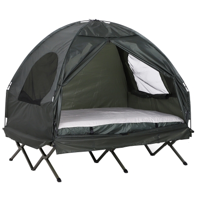 Outsunny Cort Camping 2 Locuri cu Saltea Gonflabila si Geanta in Polietilena, Verde Inchis,199x136x136cm