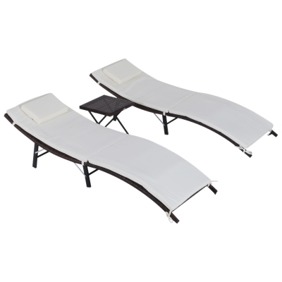 Outsunny Set 2 Sezlonguri Scaun si Masuta in PE Rattan cu Perne Detasabile, Maro Crem