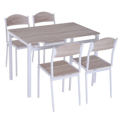 Set de Pranz Masa cu 4 Scaune in Metal si MFD, Alb si Lemn