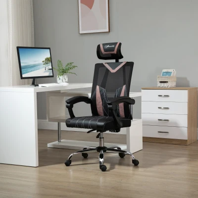 Scaun de birou ergonomic cu roți, suport lombar, înălțime reglabilă și rabatabil, roz