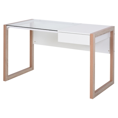 HOMCOM Masa de Birou Design din Lemn si Sticla Temperata cu Sertar 120x60x75cm