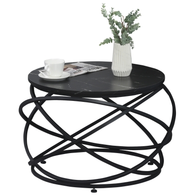 HOMCOM Masuta pentru Cafea Rotunda Blat Efect Marmura Cadru din Metal Negru