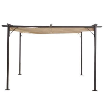 Outsunny Foisor Acoperis de Gradina Parasolar Retractabil Rama Neagra Perdea Bej 350 x 350 x 230cm