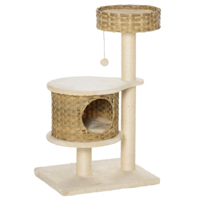 PawHut Arborele de zgariat pentru Pisici Adulte si Pisoi de 95 cm Culcus si Casuta pentru Pisici din Ratan si Stalpi din Sisal