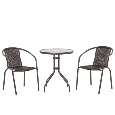 Outsunny Set Masa si 2 Scaune de Gradina din Otel si Rattan PE Maro