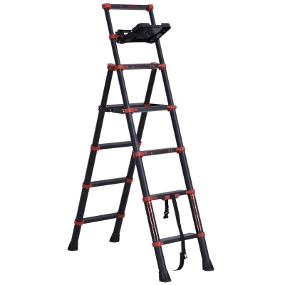 HOMCOM Scara Dubla Pliabila ,Tava PP, 109x47.4x181.3cm, Aluminiu/Nylon, Negru/Rosu