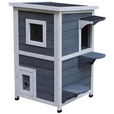 PawHut Cusca pentru Animale de Companie pentru Exterior 2 Nivele se poate deschide, din Lemn Gri si Alb 51 x 51 x 81.3cm