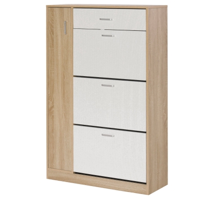 HOMCOM Dulap pentru Incaltaminte care Economiseste Spatiu cu 3 Usi si Rafturi Reglabile, Sertar si Dulapior, 84x30x132cm Stejar/Alb