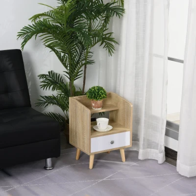 Noptiera cu Sertar si Raft din Lemn 37x30x48cm Stejar/alb
