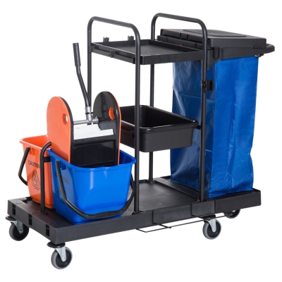 Homcom Carucior Curatenie Profesionala Multifunctional cu 2 Galeti Capacitate 18L si Roti, Albastru