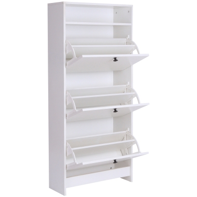 Homcom Dulap pantofi 3 Compartimente cu Rulou (18 Perechi de Pantofi) si 1 Raft Torpedou Lemn Granulat Alb 60×24×132cm