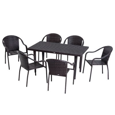 Outsunny Set Masa de Pranz si 6 Scaune Impletite cu Rattan Gradina Externa Maro