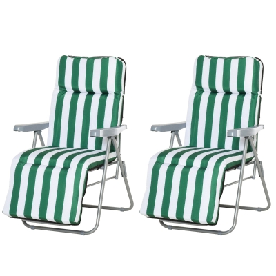 Outsunny Set 2 Scaune Șezlong de Grădină, pentru Plajă cu Brațe Reclinabile, alb și verde