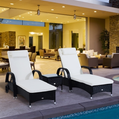 Outsunny Set 2 Sezlonguri in Rattan cu Saltea Captusita si Masuta, Negru