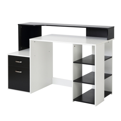 Homcom Masa de Birou Moderna pentru Computator cu Rafturi din Lemn MDF Alb si Negru 140x55x92cm