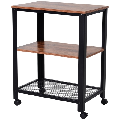 Homcom Carucior Etajera Pentru Obiecte cu Rotite 3 Rafturi Stil Industrial din Metal si Lemn Negru si Maro 60 x 40 x 76.5cm