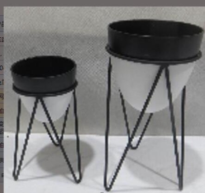 Lot de 2 supports de pots de fleurs design métal noir blanc