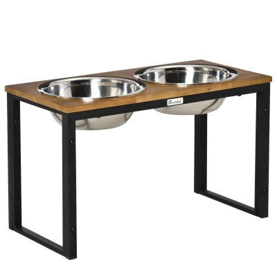 PawHut Comedero para Perros Elevado con 2 Cuencos de Acero Inoxidable Desmontables Alimentador de Agua Comida para Mascotas Grandes Medianos 58x30x35,5 cm Negro y Roble