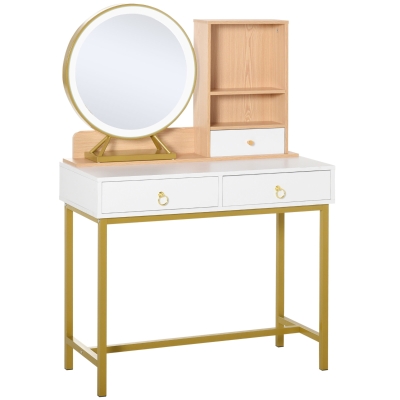 HOMCOM Tocador con Espejo LED Iluminado Mesa de Maquillaje con 3 Cajones y 2 Estantes Sensor Táctil para Dormitorio Marco Metálico Dorado 90x40x125 cm Blanco